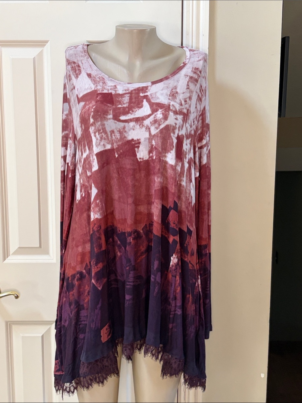 LOGO by Lori Goldstein Mauve to Deep Purple Ombre Tie-Dye Long Sleeve Tunic, XL